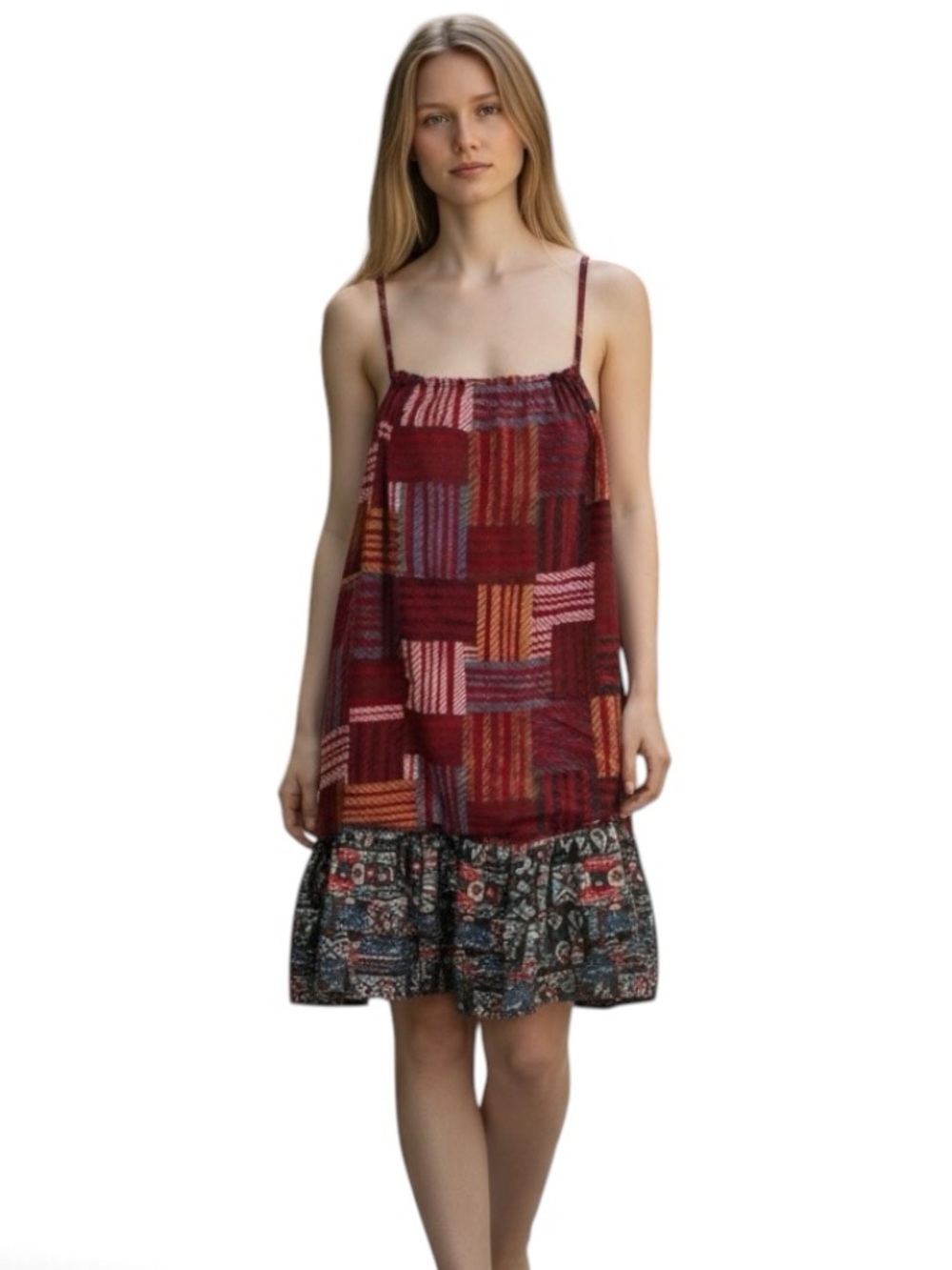 Easel Boho Patchwork Red Tiered Mini Dress Size Medium